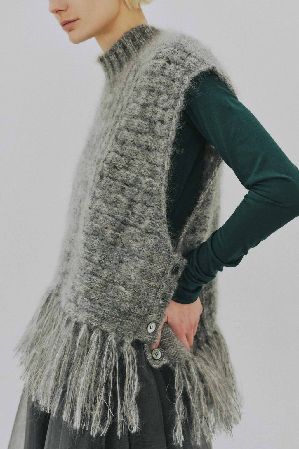 Asymmetry Fisherman's Mohair Fringe Vest